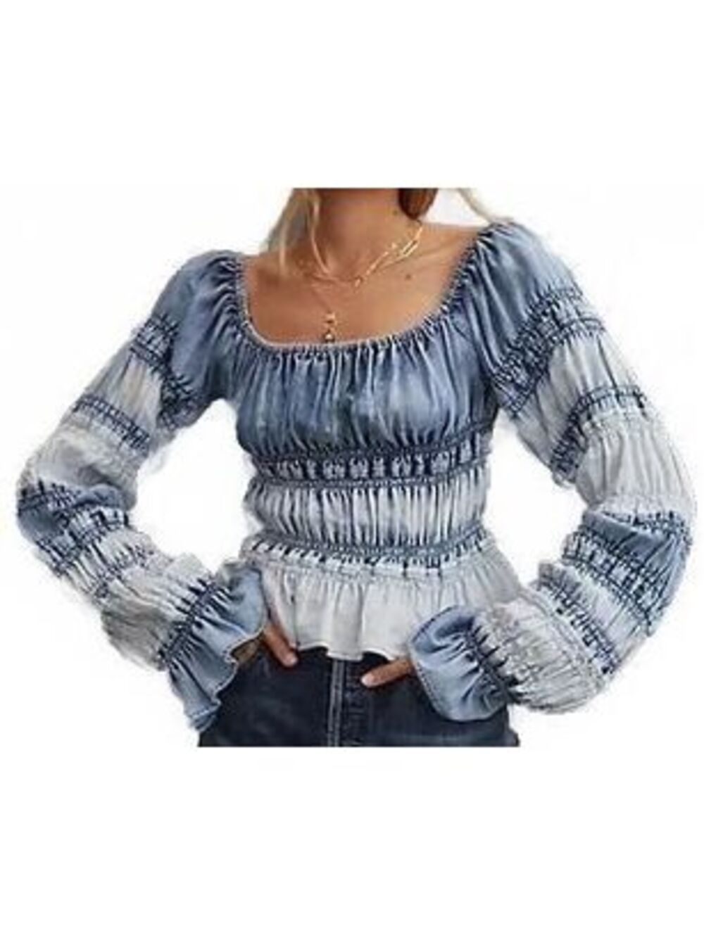 Anthropologie Pilcro Smocked Chambray Blouse Top Off Shoulder Blue XS